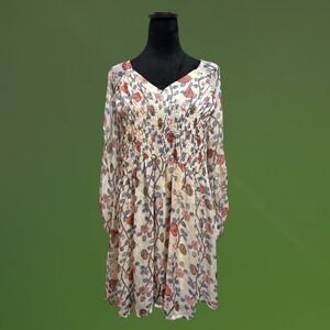 Paisley Vine Floral Smocked Mini Dress Womens XL Cream Red Blue KJ119A‎
